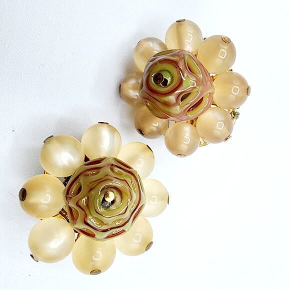 Hobé Vintage Bead Cluster Earrings Lucite & Lampwork Glass - Picture 2 of 6